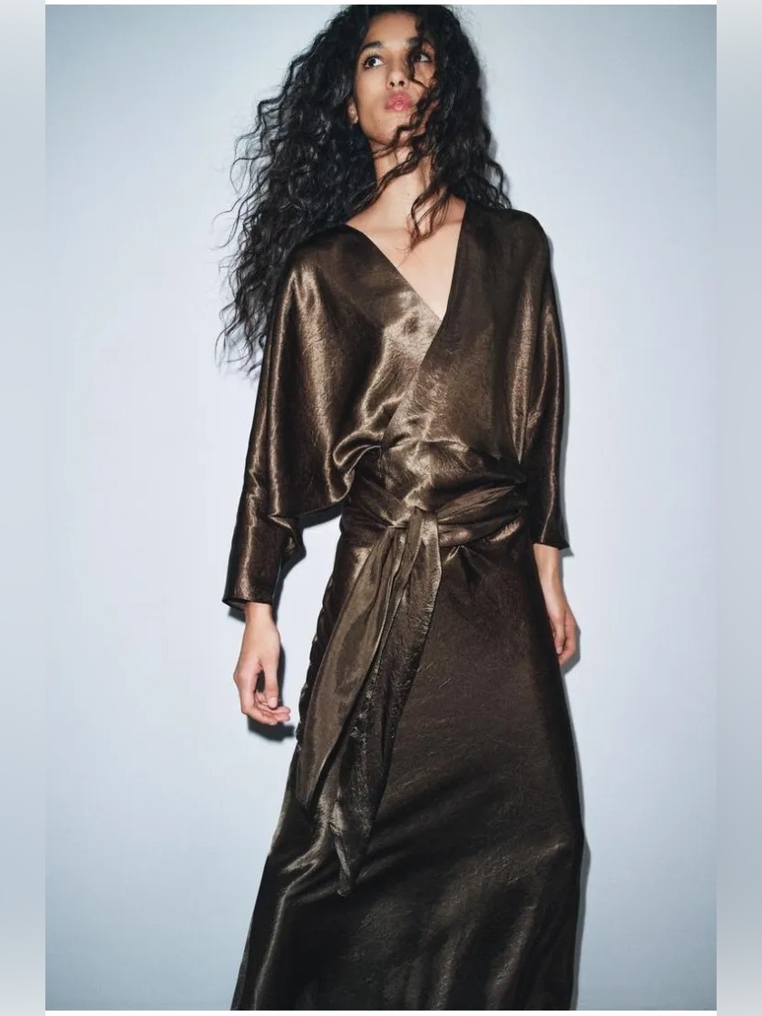 Zara Zw Collection Satin Effect Wrap Maxi Dress Bronze Brown Size S Nwt